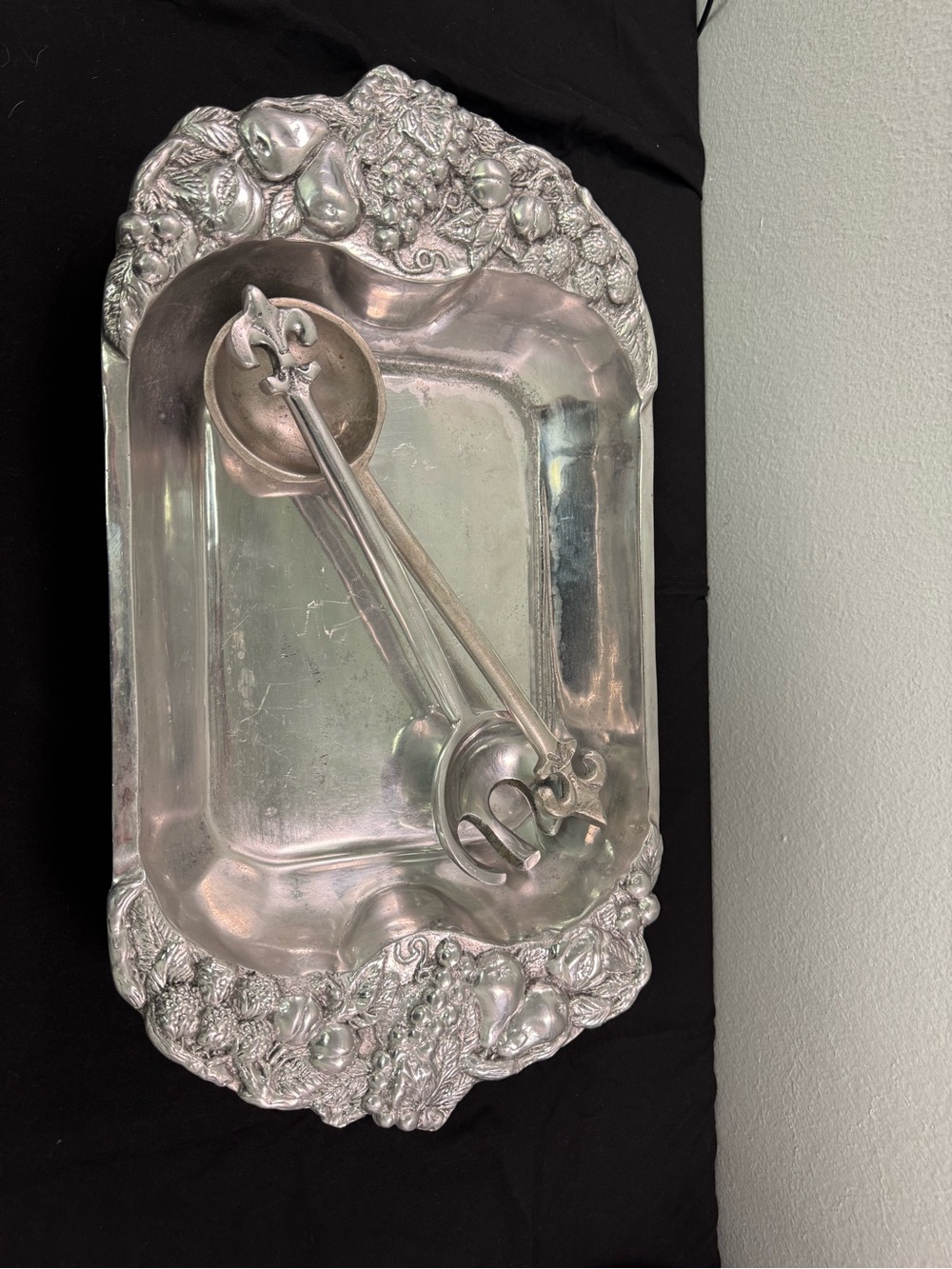 Vintage Rectangular Pewter Serving Tray with Ornate Fruit Motif Handles